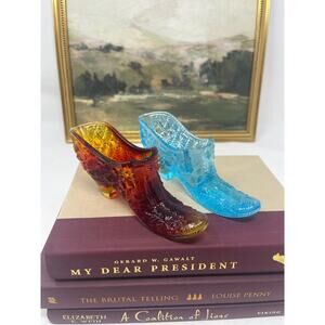 Vintage Lot of 2 Boyd Art Glass Slippers Shoe Daisy and Button Aqua and Amber